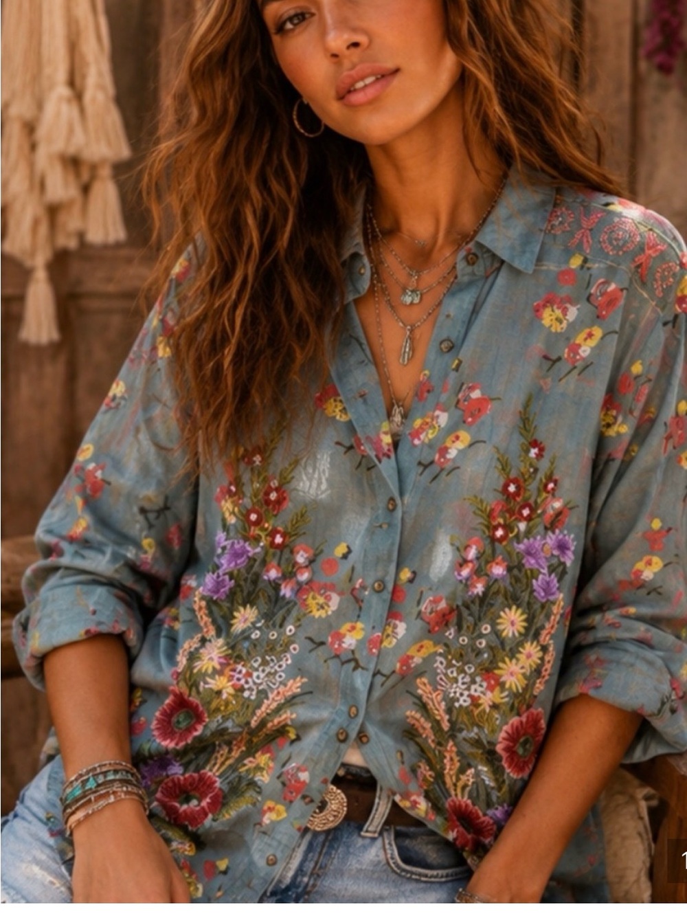 Boho Floral ARATTA Button-Up Blouse in Teal green with red, yellow floral print.